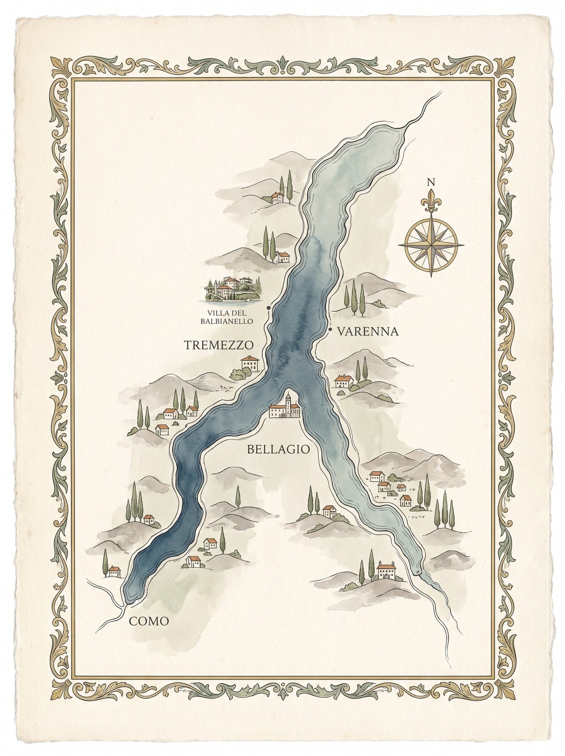 An illustrated map of Lake Como